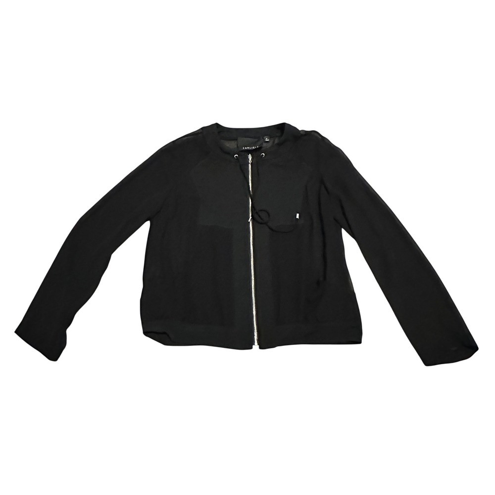 CARLISLE Black 100% Silk Bomber Jacket Zip Front Drawstring Detail Women Size‎ 6